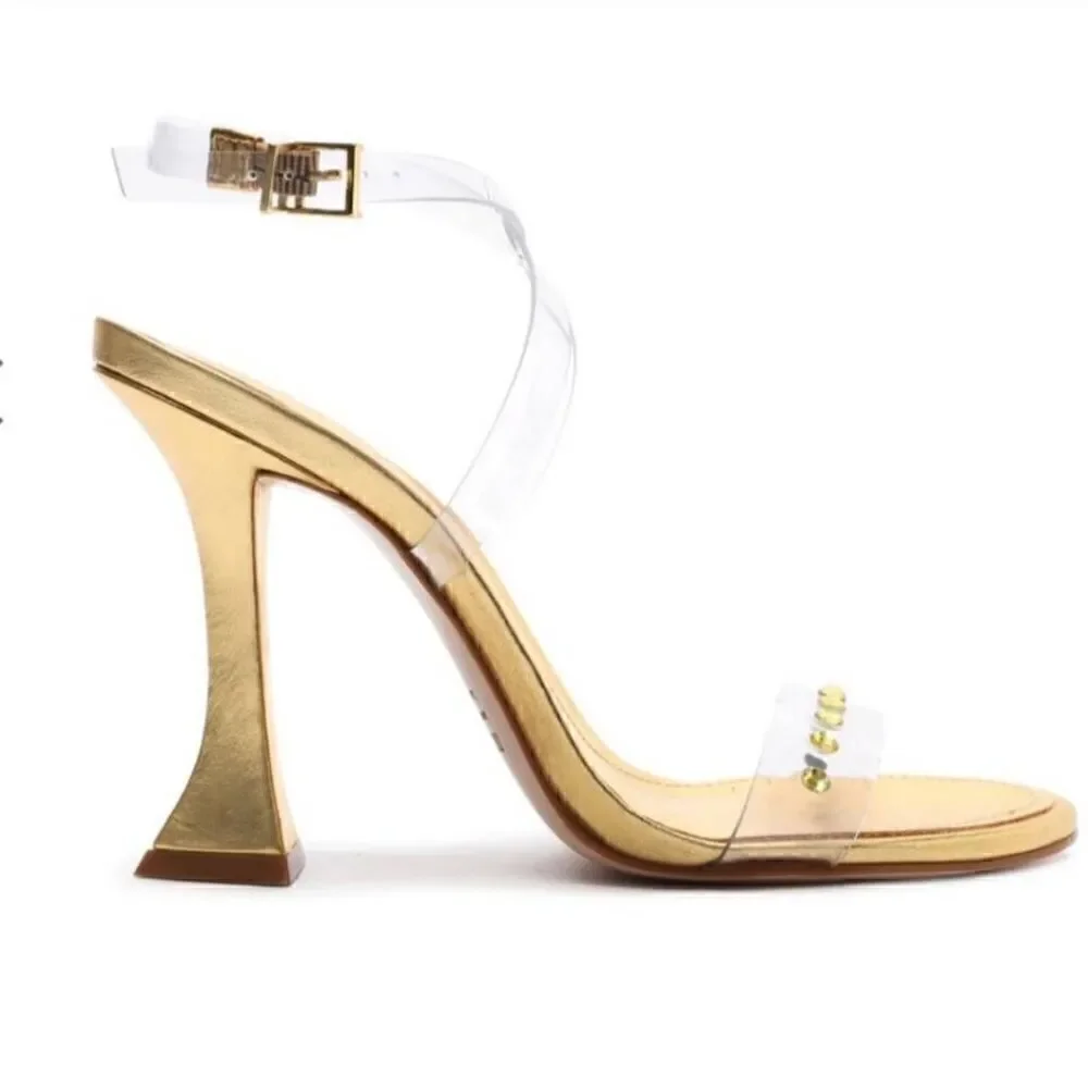 Schutz Size 5 B Glasy Gold Metallic Transparent Heel Sandals M
